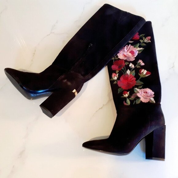 NWT / NIB Kate Spade black suede floral embroidered long boots, 6.5 - Picture 11 of 16